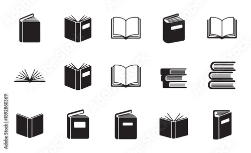 Set of black book icons featuring various closed and open books and stacks in solid fill style on white background