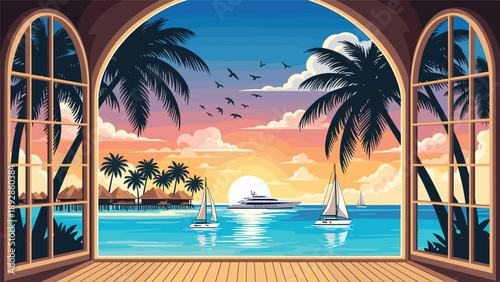 Stunning view of a tropical beach sunset seen through a large arched window with palm trees and sailboats on the calm turquoise water of the sea.