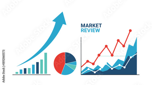 Financial market review infographic showing a variety of colored bar charts, pie graphs, and upward trending line graphs.