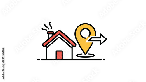 Real estate or moving concept icon showing a simple house next to a yellow map pin with a directional arrow symbol.
