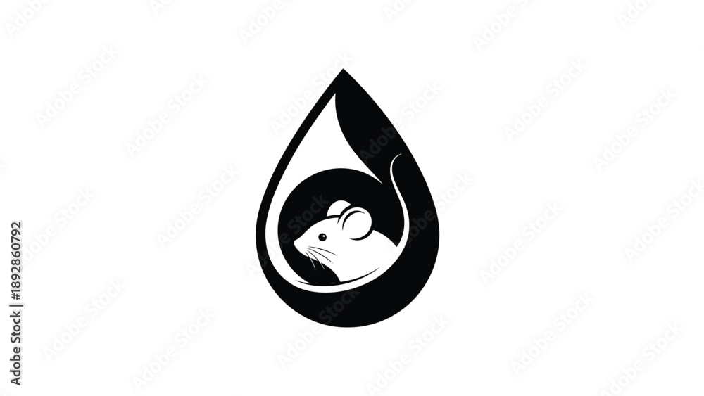 Fototapeta premium Creative black and white logo design featuring small mouse head nestled within droplet shape symbolizing nature or lab work.