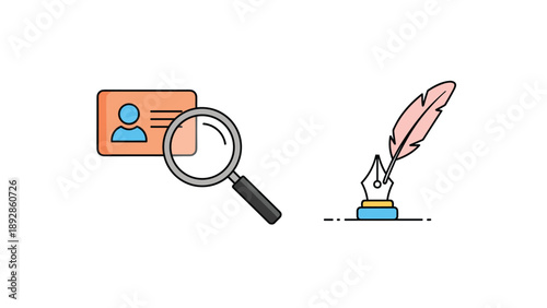 Information search concept featuring a magnifying glass over an ID card next to a classic quill pen and inkwell.