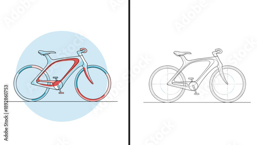Modern bicycle design shown in a full color version and a detailed wireframe blueprint for engineering and style.