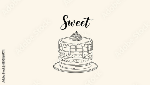 Hand-drawn outline of a tall layer cake with frosting drips and a swirl on top under the word sweet.