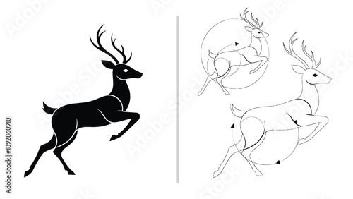 Visual identity design study of jumping deer logo showing final silhouette and geometric construction diagrams with arrows.