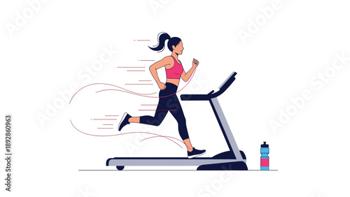 Active woman in fitness gear running on treadmill with motion lines and water bottle in minimalist illustration.