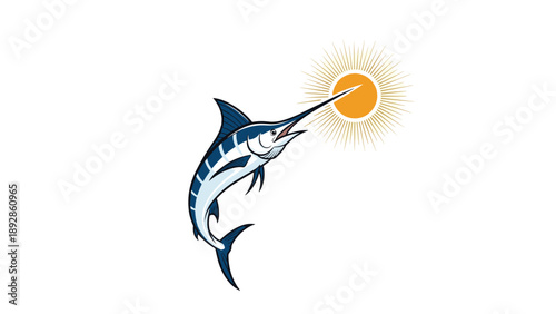 Atlantic blue marlin fish jumping out of the water towards a bright yellow sun in a retro woodcut style illustration.