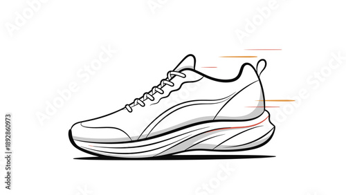 Sketch style illustration of a white running shoe or sneaker moving fast with motion lines indicating speed and exercise.