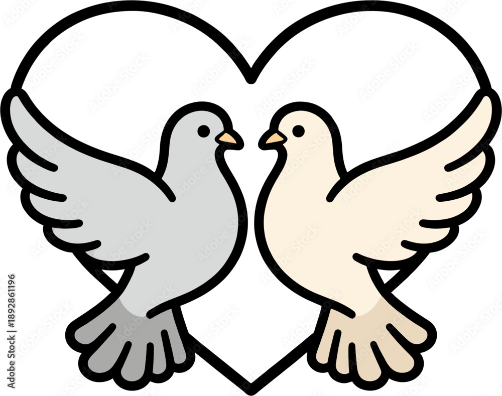 Fototapeta premium Romantic Love Doves in Heart Shape Vector, Cute Cartoon Wedding Birds Illustration