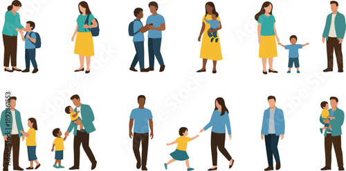 Family Daily Life Illustration Set Showing Parents and Children Walking, Hugging, Holding Hands, and Spending Time Together for Parenting and Lifestyle Design