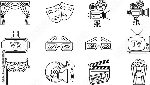 Cinema and entertainment line icons set featuring movie camera, theater masks, VR headset, 3D glasses, television, music, tickets, popcorn, and film production symbols