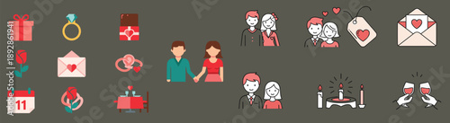 Valentine mega icon set with romantic couples hearts gifts and dinner date