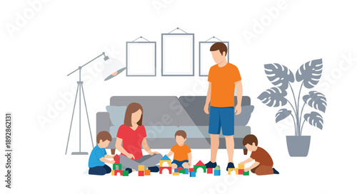 Family Playing with Children Illustration Showing Parents and Kids Building Toys Together at Home for Parenting, Care, and Happy Childhood Design