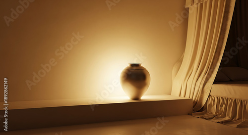 Elegant golden ceramic vase on minimalist pedestal in luxury master bedroom with dim lighting. Minimalist 3D art.