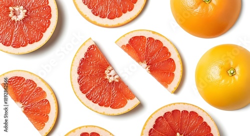 Fresh grapefruit slices and whole fruits on white background