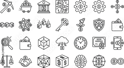 Cryptocurrency and blockchain finance line icons set featuring bitcoin mining, digital wallets, smart contracts, decentralized networks, crypto security, payments, trading, and fintech
