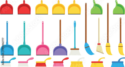 Cleaning Tools Illustration Set Featuring Colorful Brooms, Dustpans, Brushes, and Household Cleaning Equipment for Home, Service, and Hygiene Design