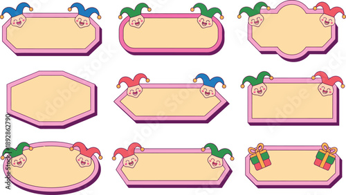 Colorful clown labels with jester hats on white background