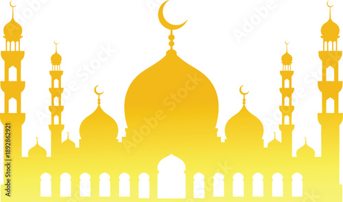 Mosque with crescent moon on white background