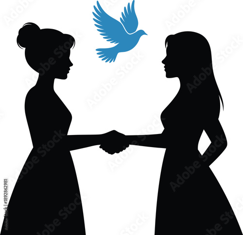 Silhouettes of two women shaking hands with a blue bird above on white background