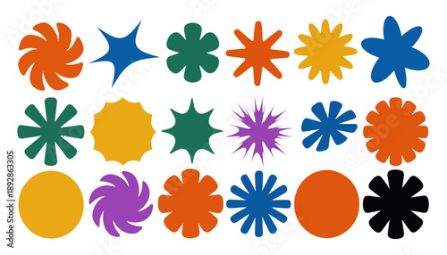 Colorful Abstract Star Flower Set with Geometric Sparkle and Creative Pop Art Elements