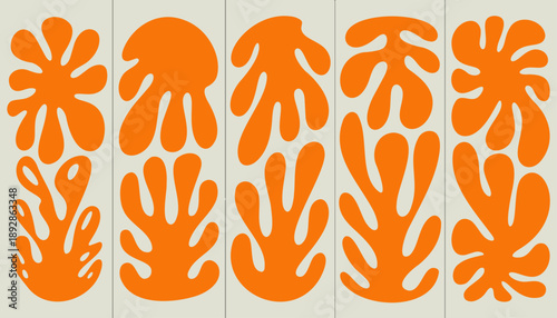 Orange Abstract Organic Shape Set with Matisse Inspired Floral and Amoeba Elements