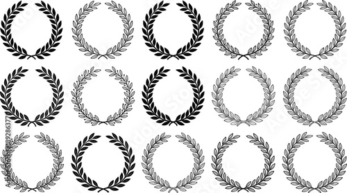 Elegant laurel wreath collection featuring classic award, victory and achievement frames in black outline and solid vector styles for branding, certificates and decorative design use.