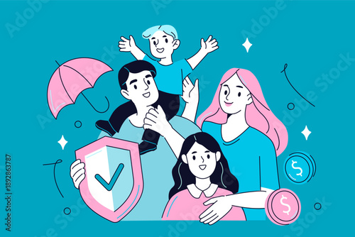 Parents and children characters protected by insurance coverage. Financial security, healthcare, protection. Vector outline illustration.
