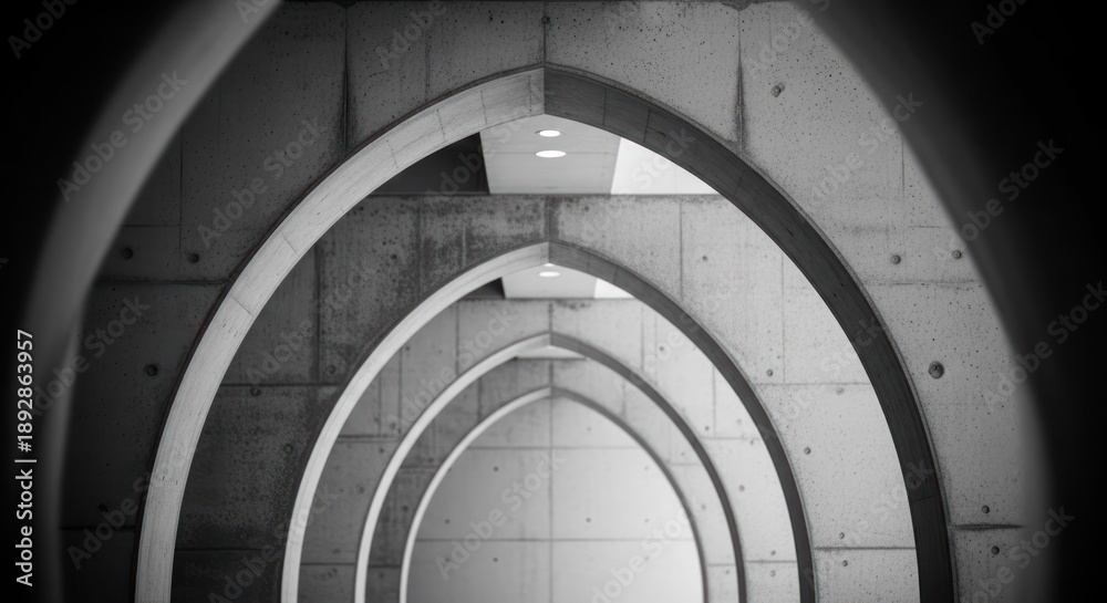 Fototapeta premium Concrete archway tunnel with diminishing perspective, monochrome