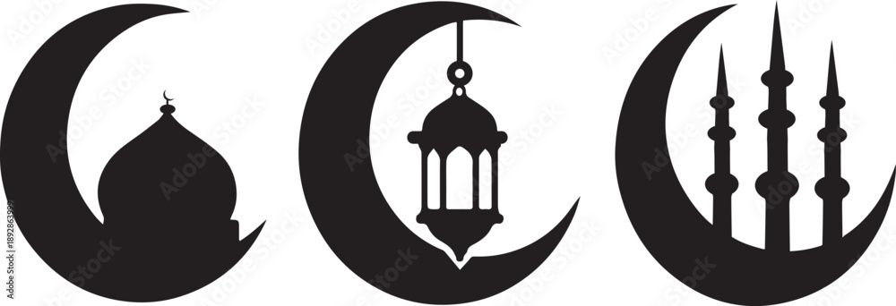 Fototapeta premium Ramadan Crescent Moon and Mosque Black Silhouette Set