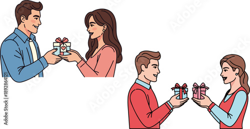 Loving couples exchanging small wrapped gift boxes symbolizing appreciation and mutual affection on transparent background