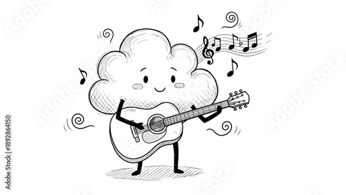 Cute cloud character playing guitar and singing music.