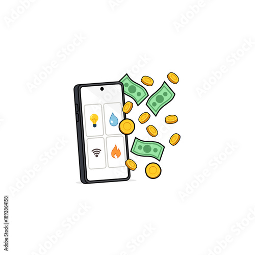 Cartoon Style Finance and Business App Bill Payment Illustration Fully Editable Vector of Mobile Phone Paying Utility Bills electricity water gas internet wifi online cash and coin money payment