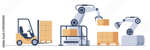 Robotic arms and forklift handling cardboard boxes in a warehouse automation process