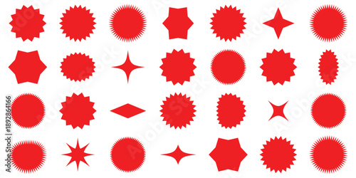 Set of red price sticker, sale or discount sticker, sunburst badges icon. Stars shape with different number of rays. Special offer price tag. Red starburst promotional badge set, shopping. EPS 10. 