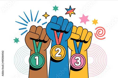 Three fists with medals for first second and third place winners in competition