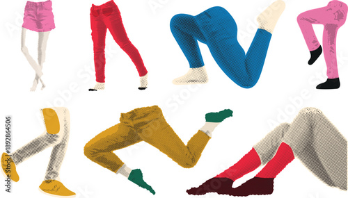 Variety style vector illustration of collage halftone leg collection, Yoga leg, Kicking leg, Standing leg, Walking leg funny style vintage retro leg collage halftone vector art