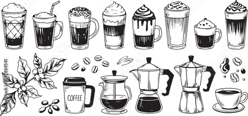 Hand drawn coffee drinks and brewing equipment, including iced coffee, lattes, mochas, coffee makers, beans and branch