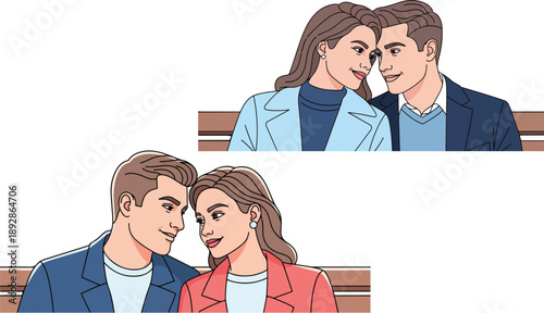 Two distinct couples sharing intimate moments of close connection and romantic gazing while sitting together on transparent background. on transparent background