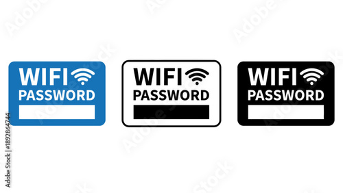 Three wifi password signs in different colors on a white background
