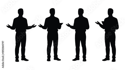 Four silhouetted figures of men in various presenting or conversational poses