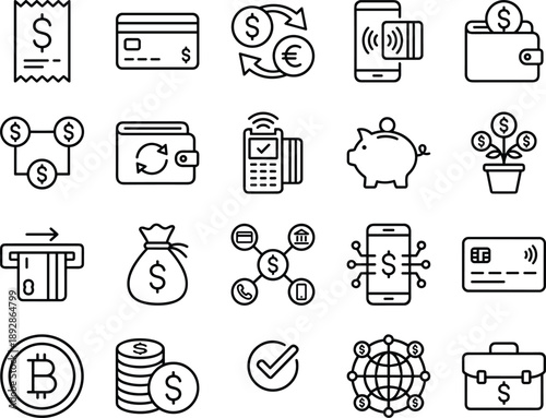 Finance and payment line icons set showing money, banking, digital wallets, credit cards, cryptocurrency, investment, savings, ecommerce, and financial technology symbols for business use