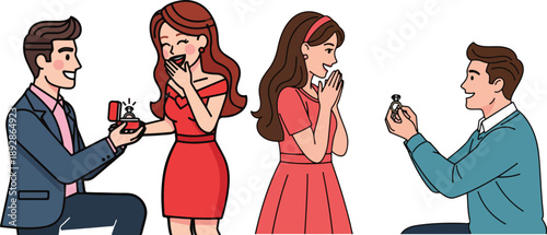 Romantic couples experiencing joyful surprise and happy astonishment during marriage proposals with engagement rings on transparent background