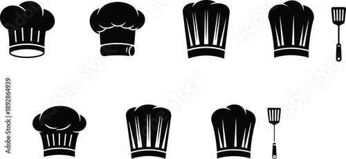 Chef hat icon set with spatula silhouettes, cooking and bakery symbols, professional kitchen apparel design, isolated black vector illustrations for restaurant branding projects
