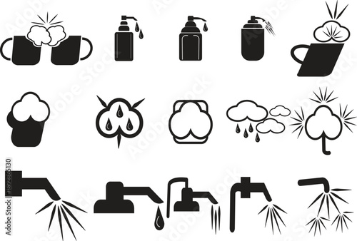A collection of monochrome glyph icons representing household chores, cleaning services, and laundry equipment