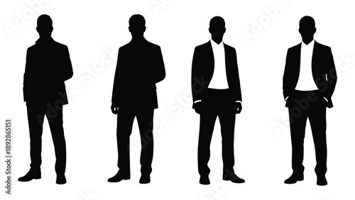 Four silhouetted men in suits standing in a row facing forward