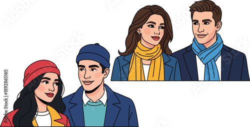 Diverse young couples dressed warmly in fashionable winter attire smiling gently at each other on transparent background. on transparent background