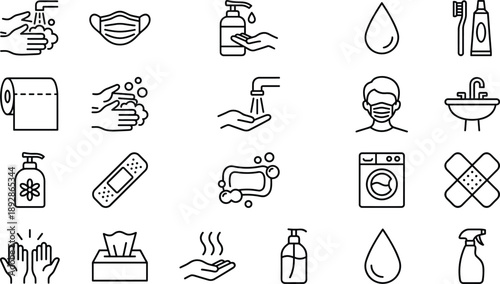 Hygiene and personal care icon set featuring hand washing, soap, sanitizer, mask, cleaning products and bathroom symbols for health, safety and sanitation design use.
