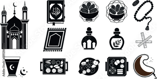Islamic Ramadan Kareem icon set with mosque, quran, dates, prayer rug, and traditional food icons on white background.