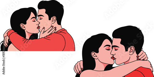 Two stylized illustrations depicting a romantic couple sharing affectionate passionate deep kisses with closed eyes on transparent background